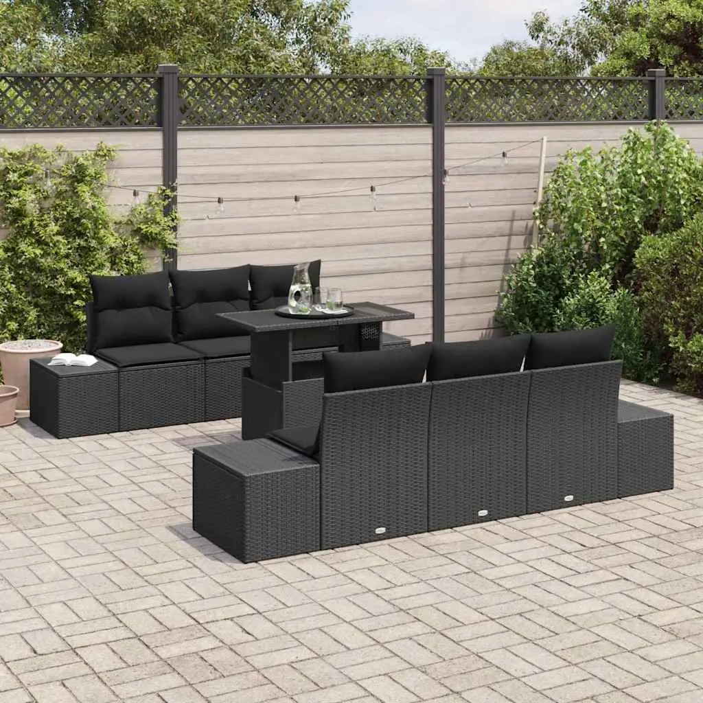 Modular Outdoor Furniture Set Black Poly Rattan 7 Pieces with Height Adjustable Table