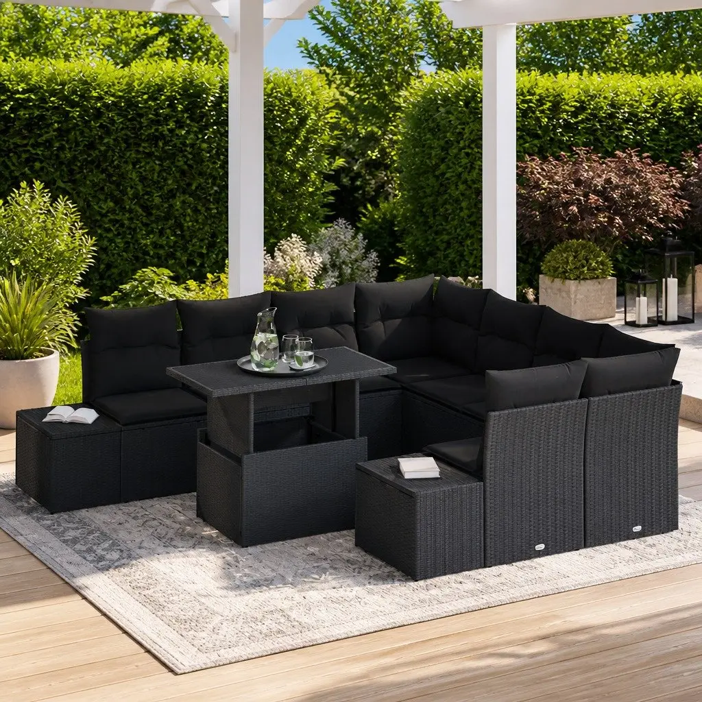 Modular Garden Sofa Set 9 Pieces Black Poly Rattan Adjustable Table with Cushions