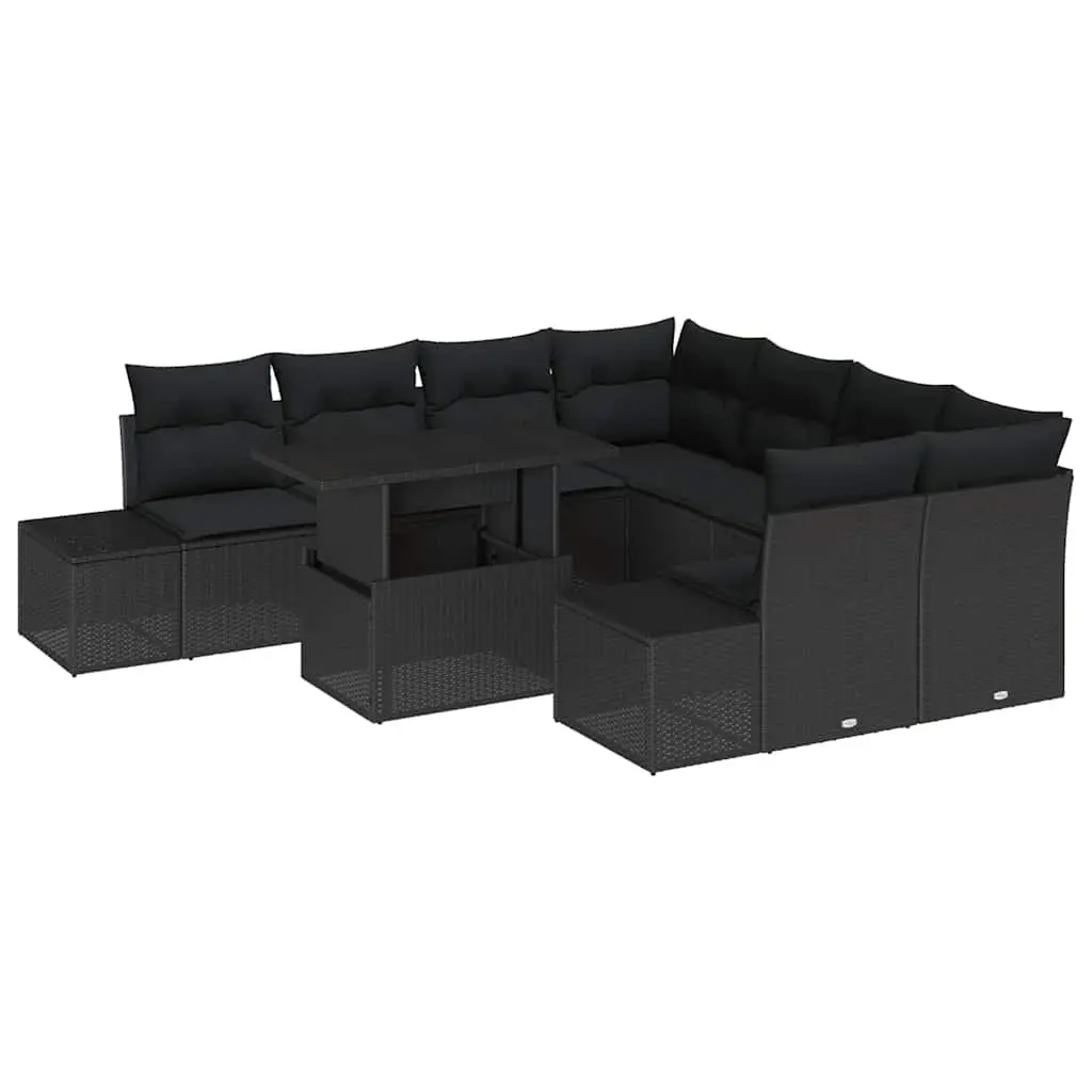 Modular Garden Sofa Set 9 Pieces Black Poly Rattan Adjustable Table with Cushions