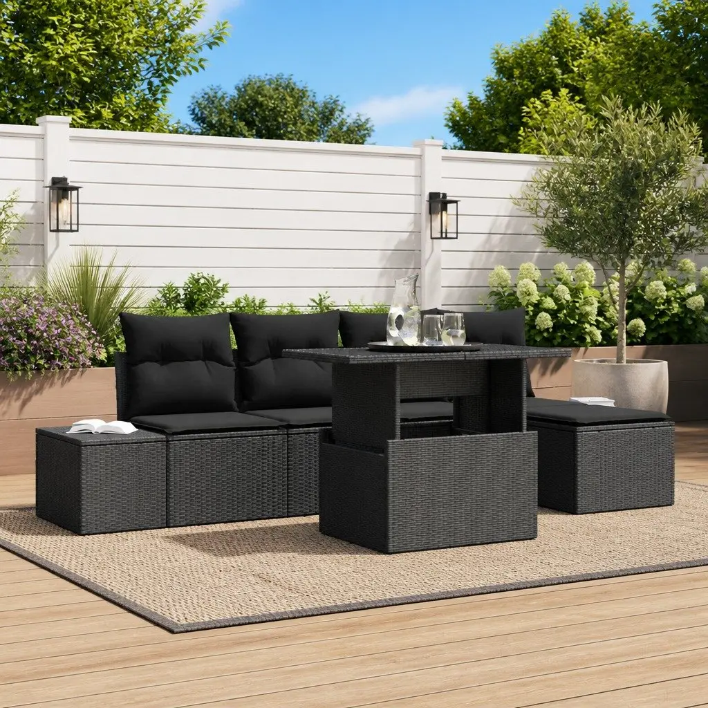 ModularGardenSofaSetBlack6PieceOutdoorSeatingwithCushionsHeightAdjustableTableandFootstool