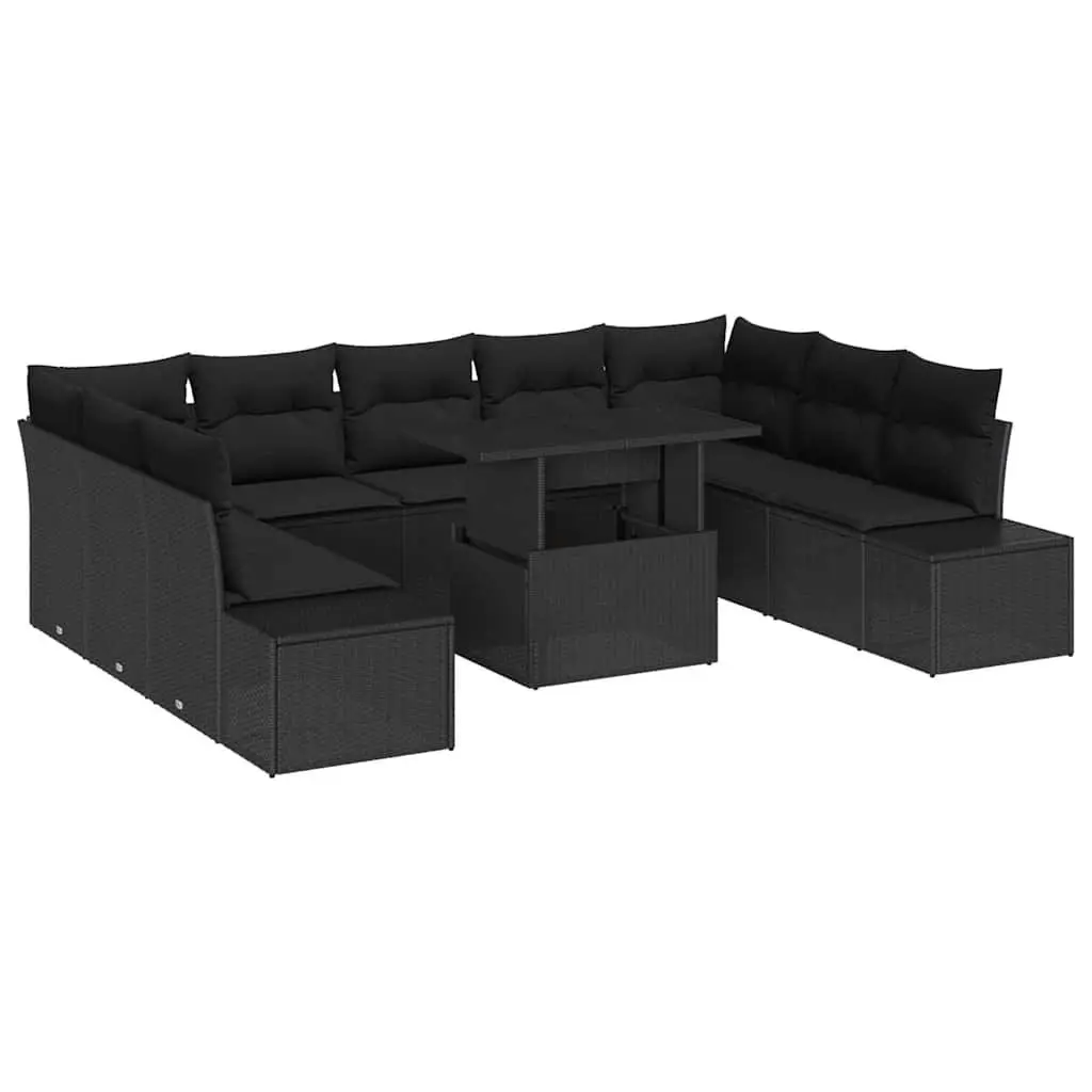 Modular Garden Sofa Set 10 Piece Poly Rattan Black with Height Adjustable Glass Table