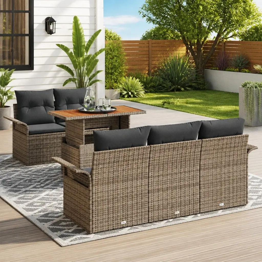 Garden Sofa Set Modular Poly Rattan Acacia Wood 6 Piece Grey