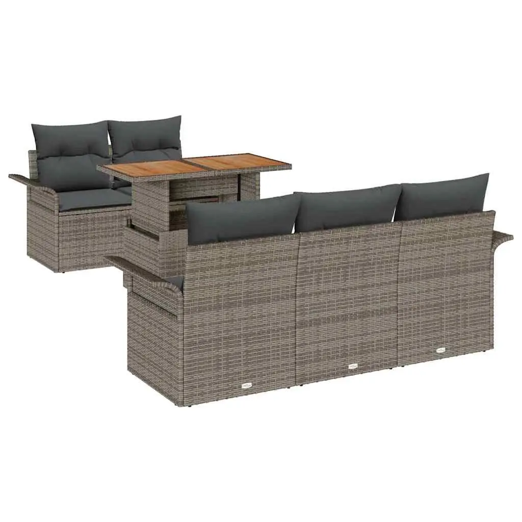 Garden Sofa Set Modular Poly Rattan Acacia Wood 6 Piece Grey