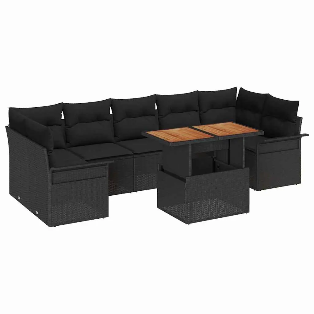 Outdoor 8 Piece Sofa Set Black Polyrattan Acacia Wood Cushions