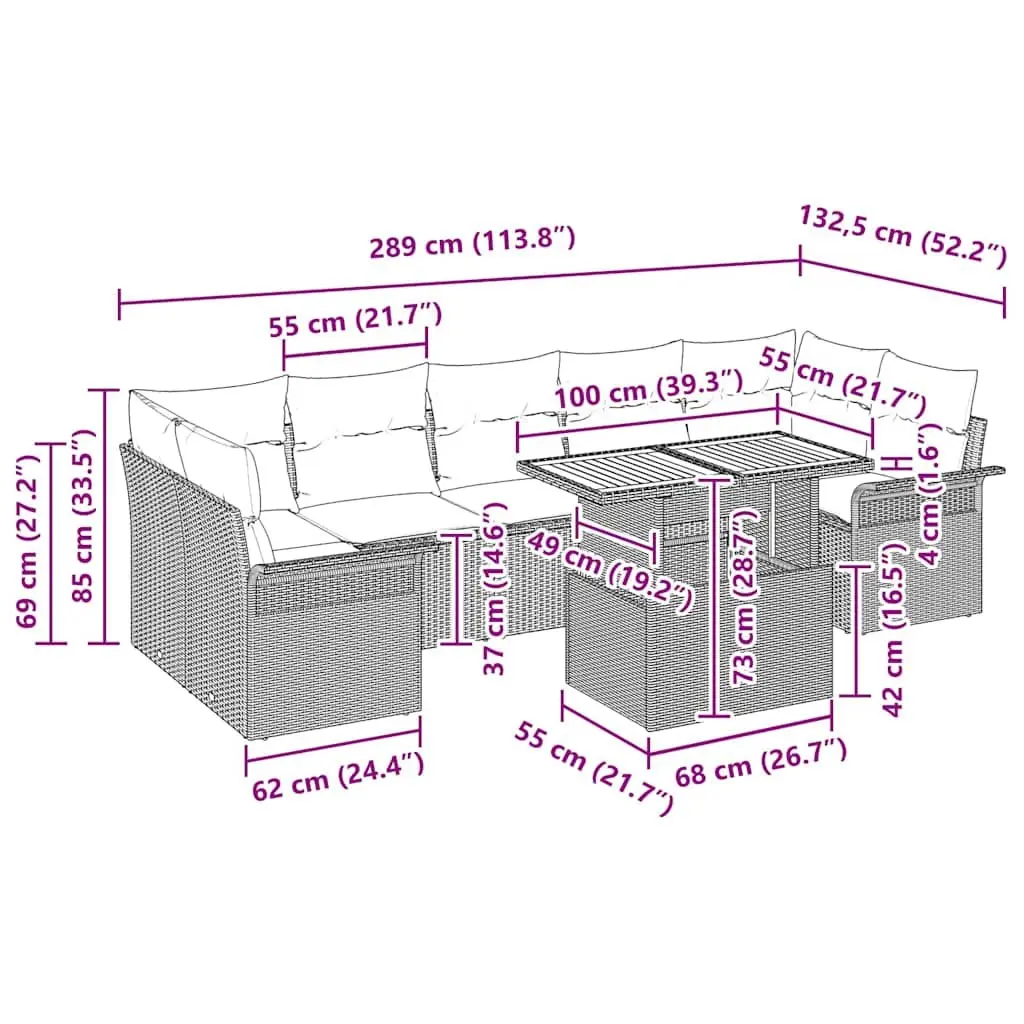 Outdoor 8 Piece Sofa Set Black Polyrattan Acacia Wood Cushions