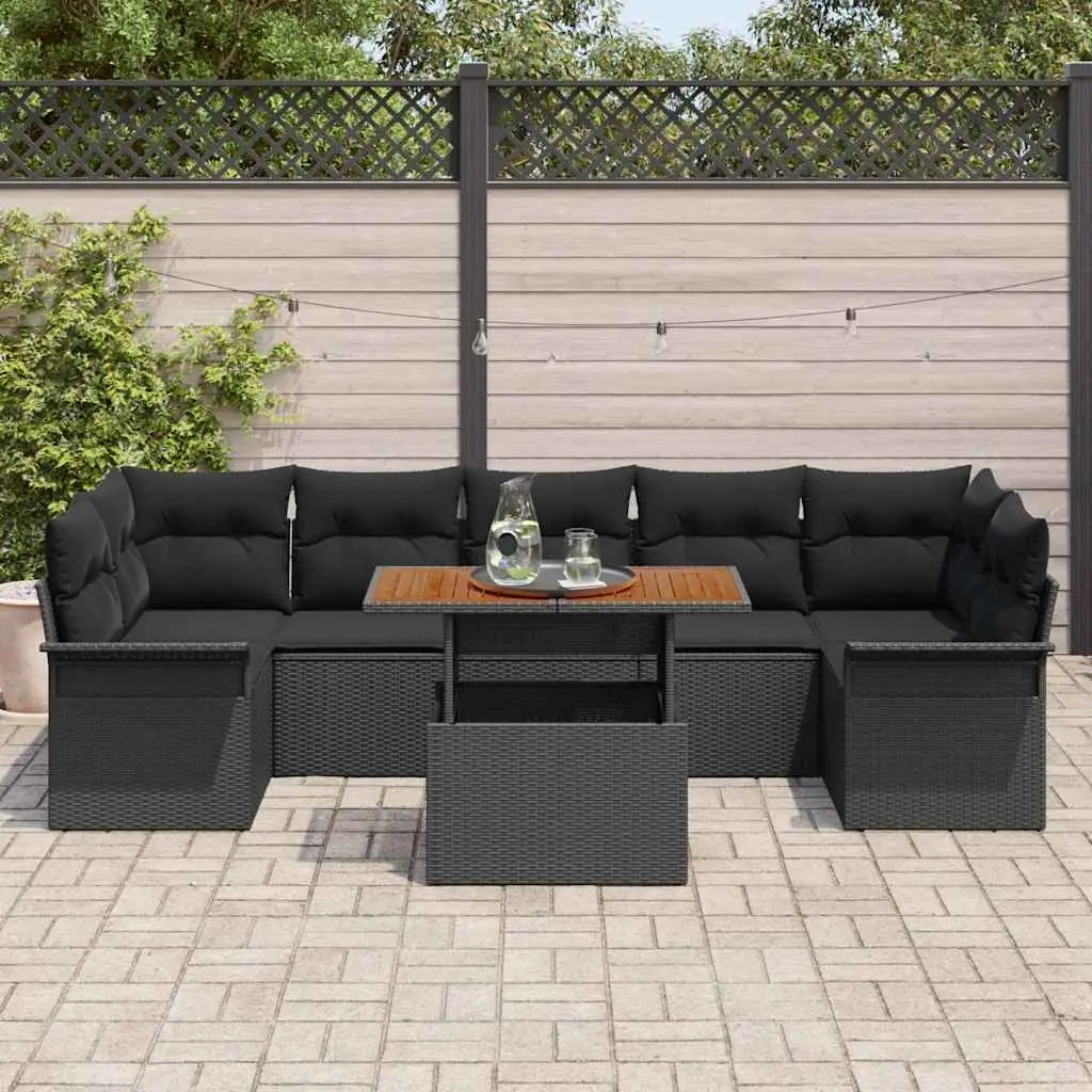 Outdoor 8 Piece Sofa Set Black Polyrattan Acacia Wood Cushions