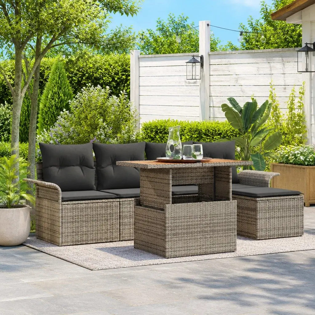Garden Sofa Set 6 Piece Outdoor Seating Grey Poly Rattan Woven Texture Powder Coated Steel Solid Acacia Wood