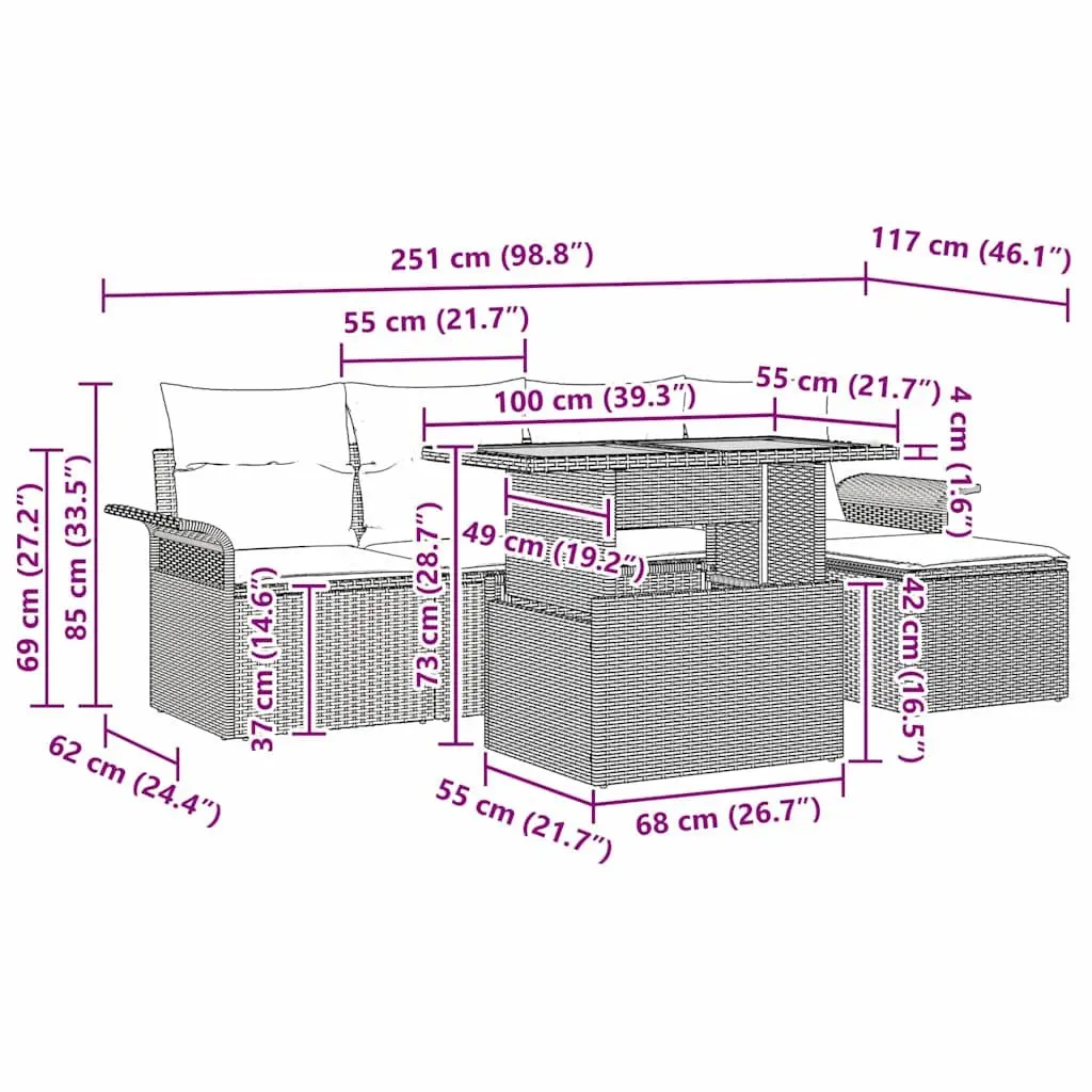 Garden Sofa Set 6 Piece Outdoor Seating Grey Poly Rattan Woven Texture Powder Coated Steel Solid Acacia Wood