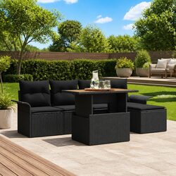 Garden Sofa Set 6 Pieces Black Outdoor Seating with Storage Cushions
