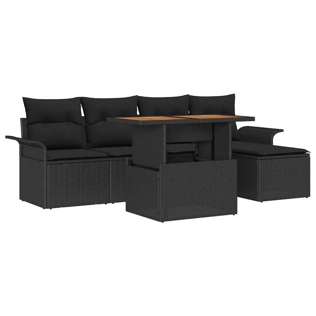 Garden Sofa Set Poly Rattan Steel Frame Acacia Wood Black 6 Pieces