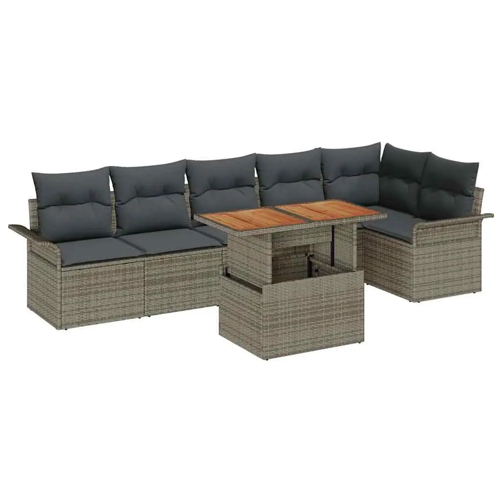 Modular Garden Sofa Set Poly Rattan Acacia Wood 7 Pieces Grey