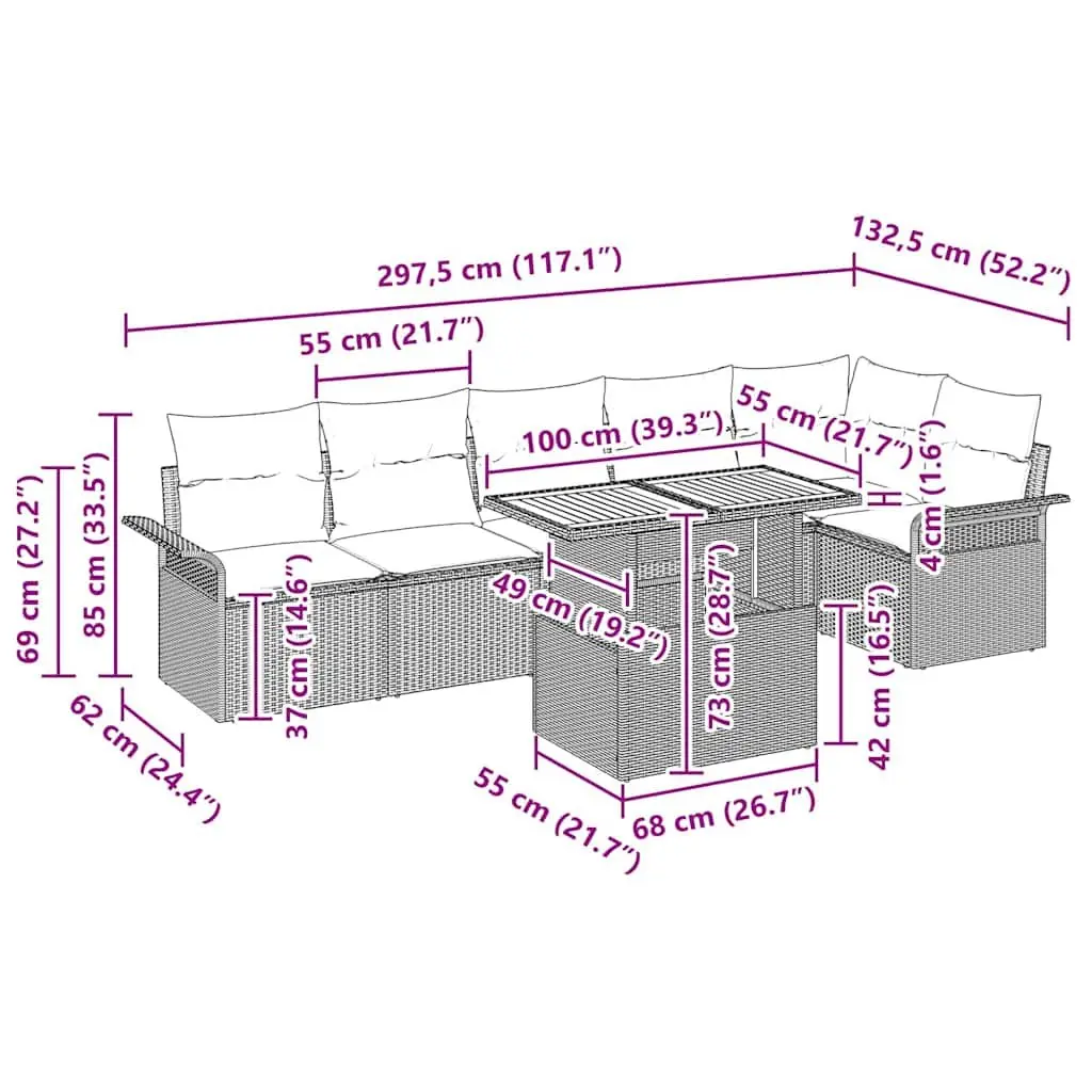 Modular Garden Sofa Set Poly Rattan Acacia Wood 7 Pieces Grey