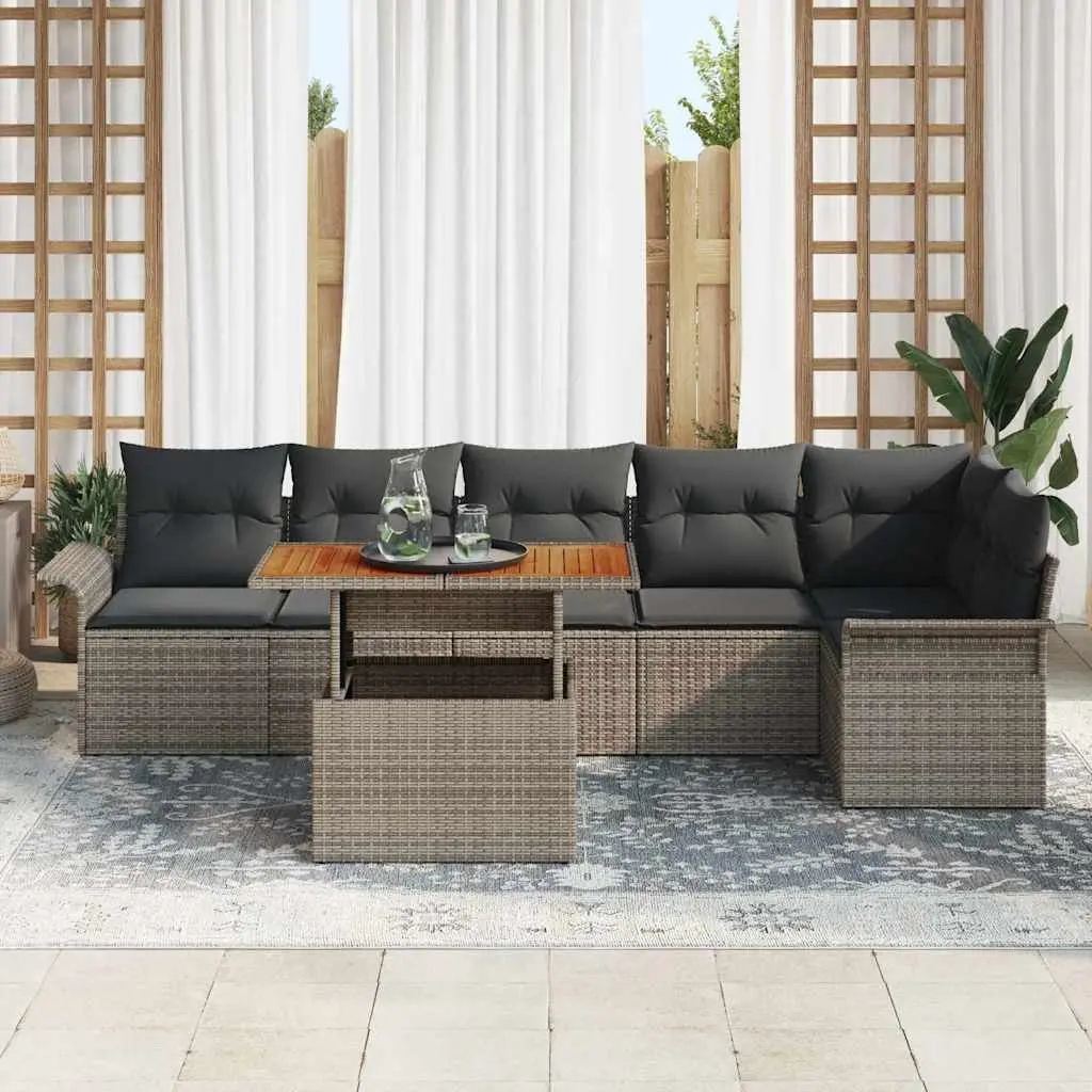 Modular Garden Sofa Set Poly Rattan Acacia Wood 7 Pieces Grey