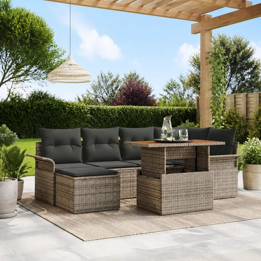 Outdoor Garden Sofa Set Poly Rattan Acacia Wood 7 Pieces Grey Modular Seating with Table