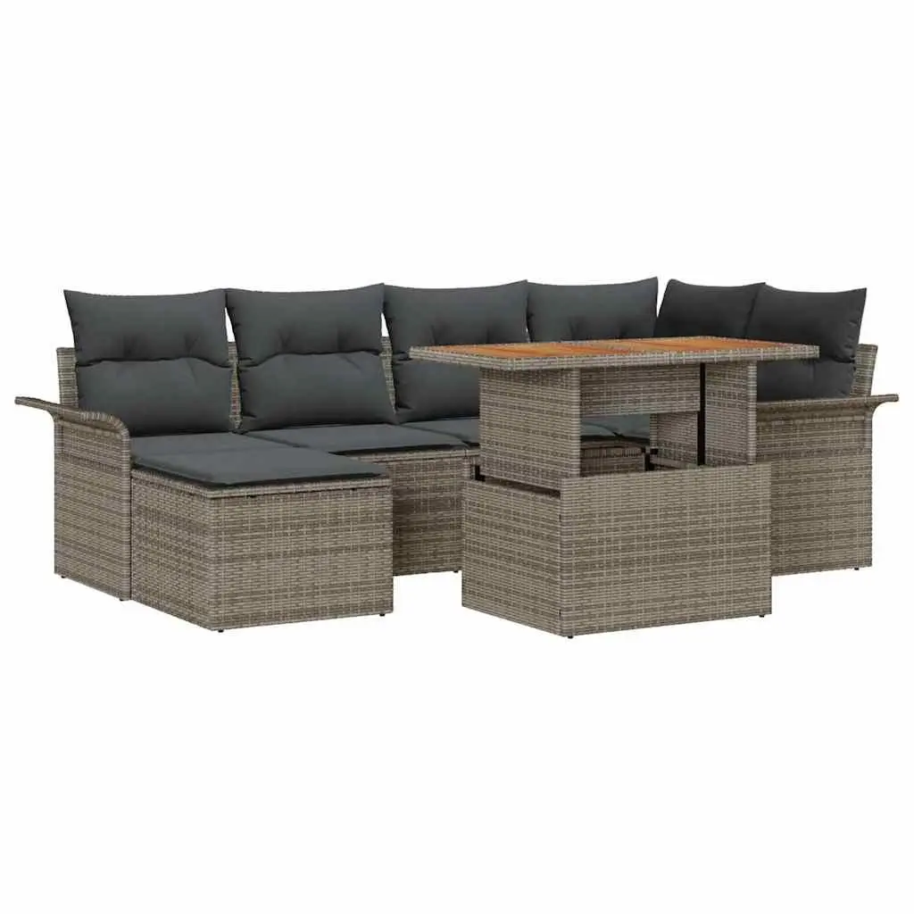 Outdoor Garden Sofa Set Poly Rattan Acacia Wood 7 Pieces Grey Modular Seating with Table