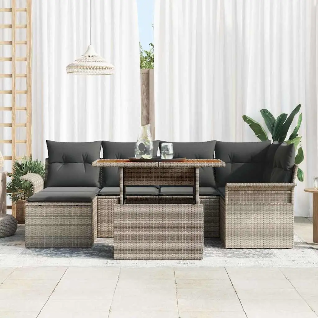 Outdoor Garden Sofa Set Poly Rattan Acacia Wood 7 Pieces Grey Modular Seating with Table