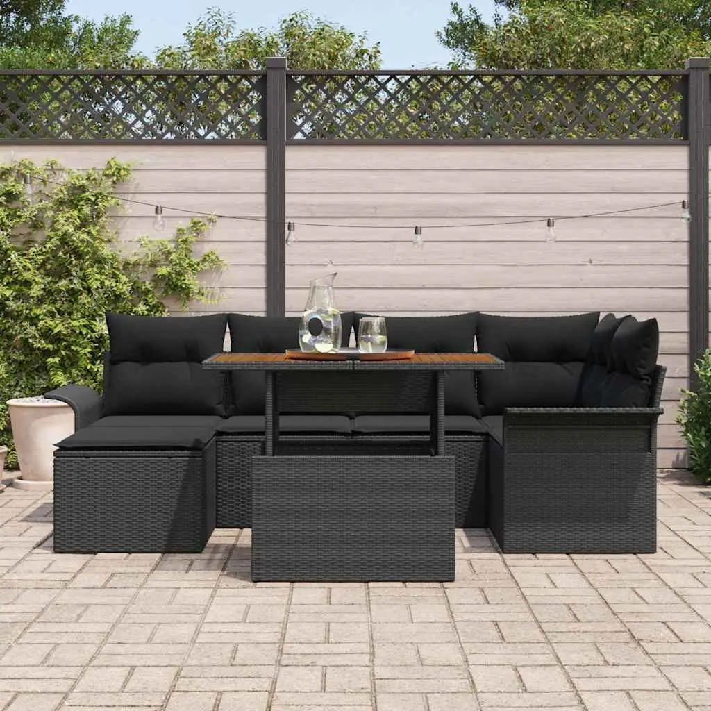 7 Piece Modular Garden Sofa Set Poly Rattan Acacia Wood Black with Cushions and Adjustable Table