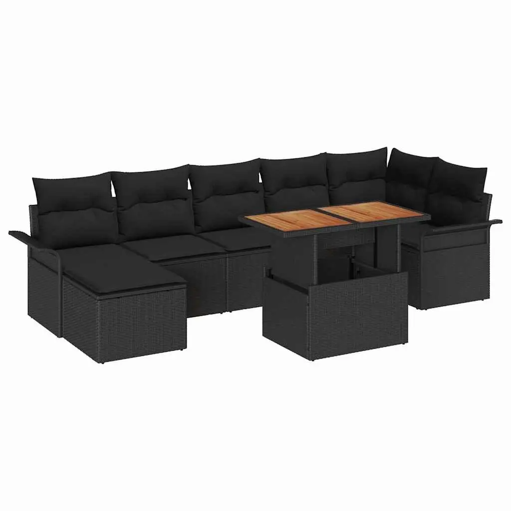 Modular Garden Sofa Set Poly Rattan Frame Acacia Wood 8 Pieces Black Outdoor Patio Furniture