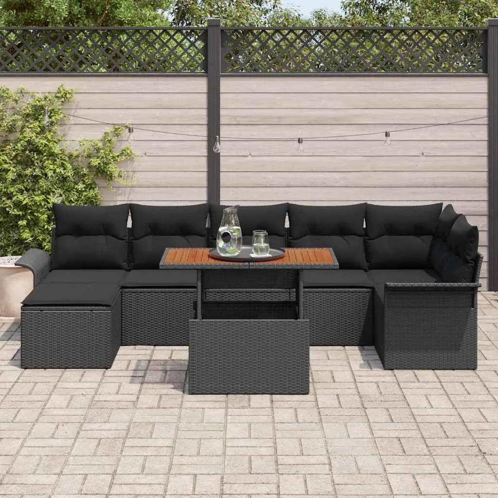 Modular Garden Sofa Set Poly Rattan Frame Acacia Wood 8 Pieces Black Outdoor Patio Furniture