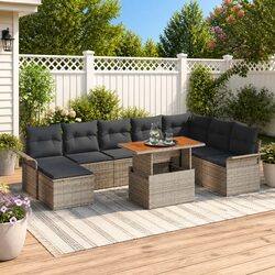 Outdoor Garden Sofa Set 9 Piece Grey Poly Rattan Steel Frame Dining Seating