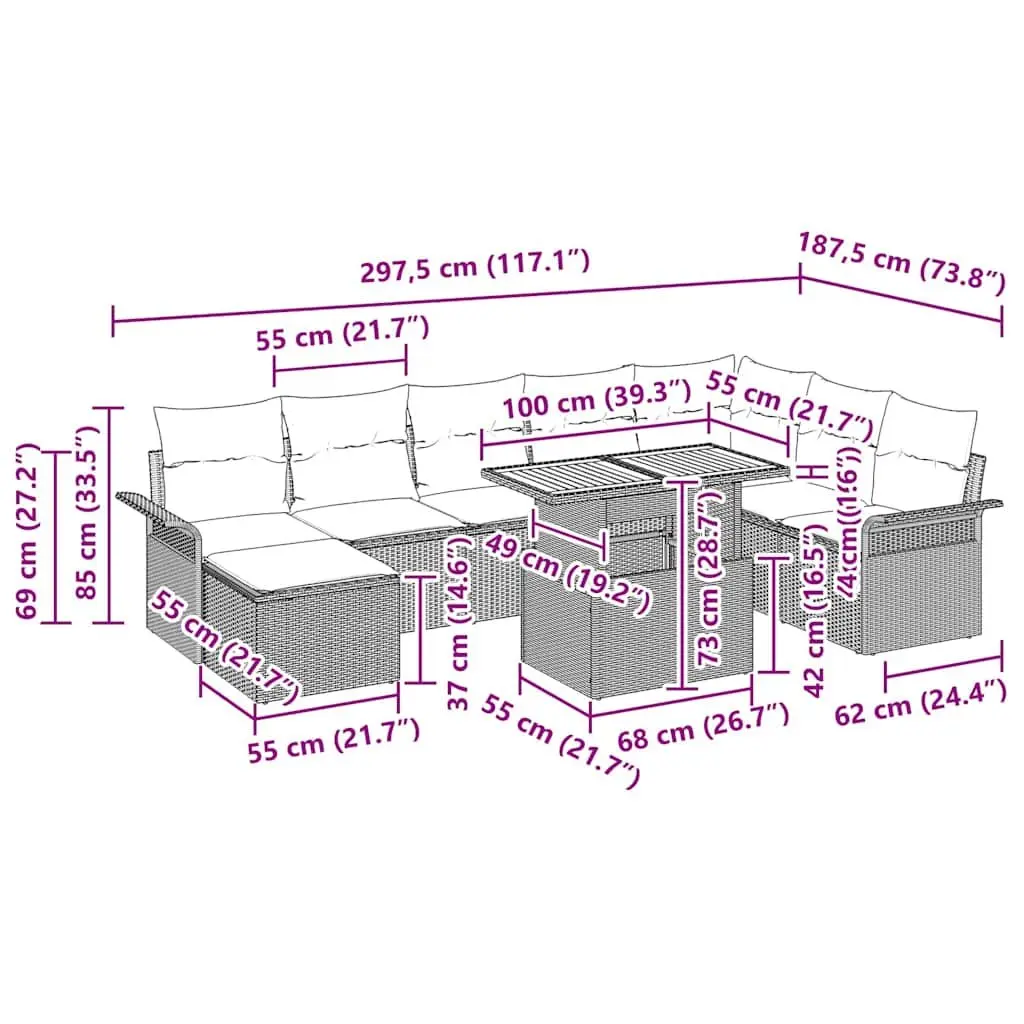 Outdoor Garden Sofa Set Poly Rattan Steel Frame 9 Piece Black Modular Seating