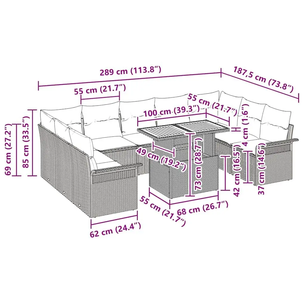 Garden Sofa Set 10 Pieces Grey Outdoor Seating Poly Rattan Steel Frame with