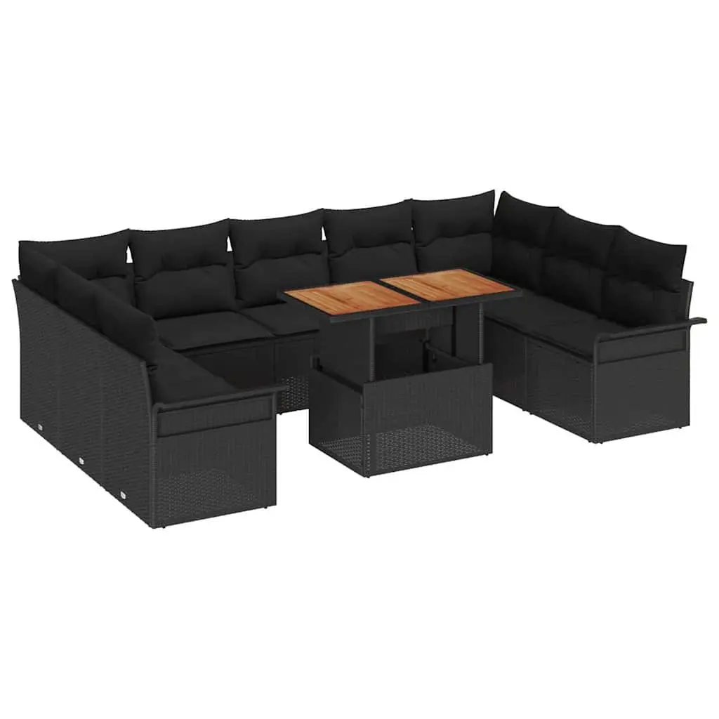 Outdoor Sofa Set 10 Piece Black Rattan with Cushions and Acacia Wood Table