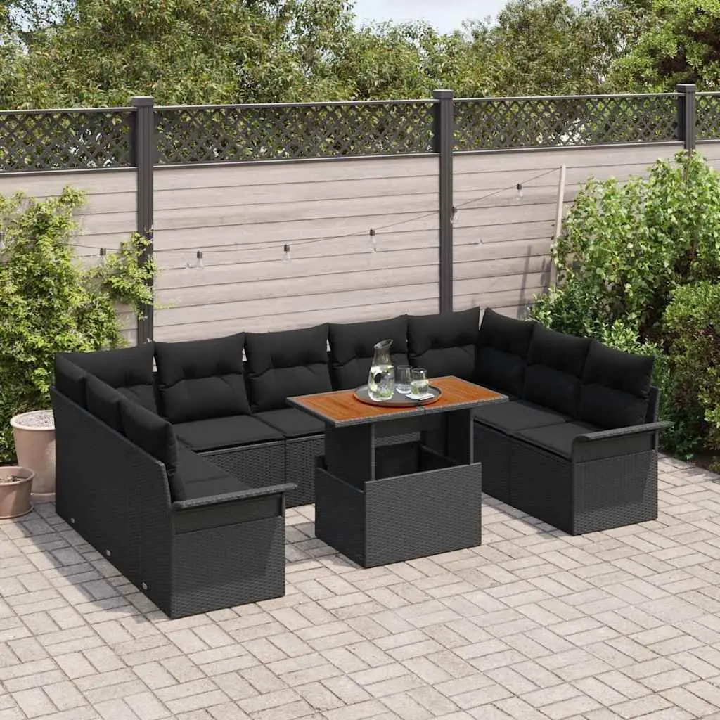 Outdoor Sofa Set 10 Piece Black Rattan with Cushions and Acacia Wood Table