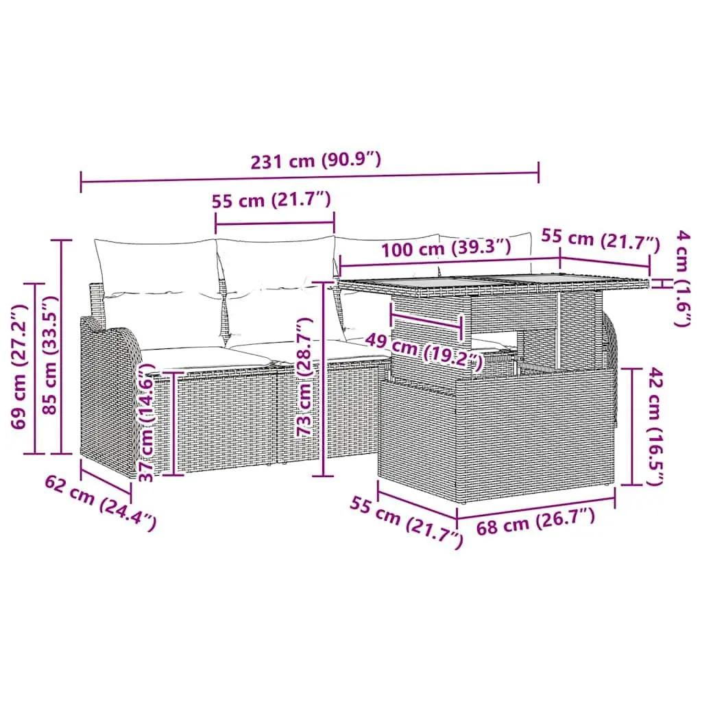 Outdoor Garden Sofa Set 5 Piece Modular Seating with Table Cushions Grey