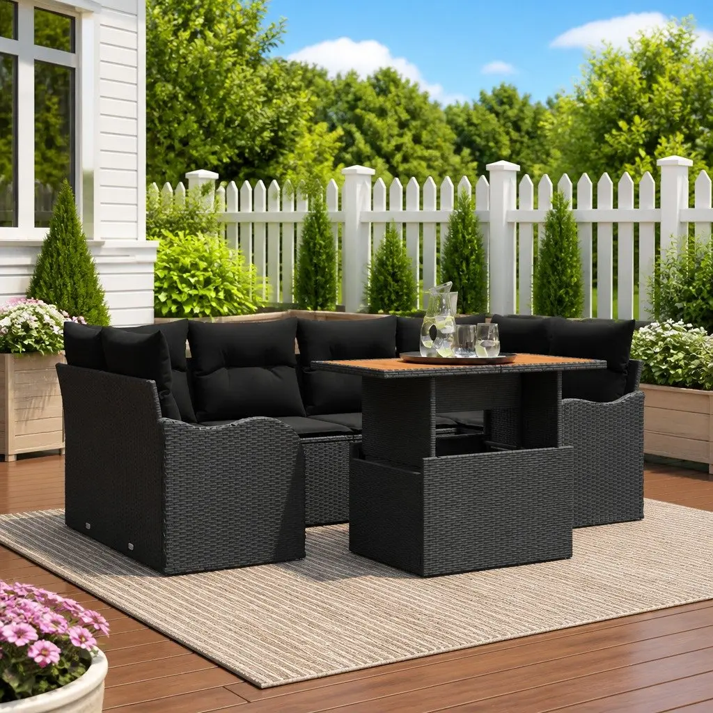 Garden Sofa Set Powder-coated Steel Solid Acacia Wood 7 Pieces Black Outdoor Seating with Cushions Table
