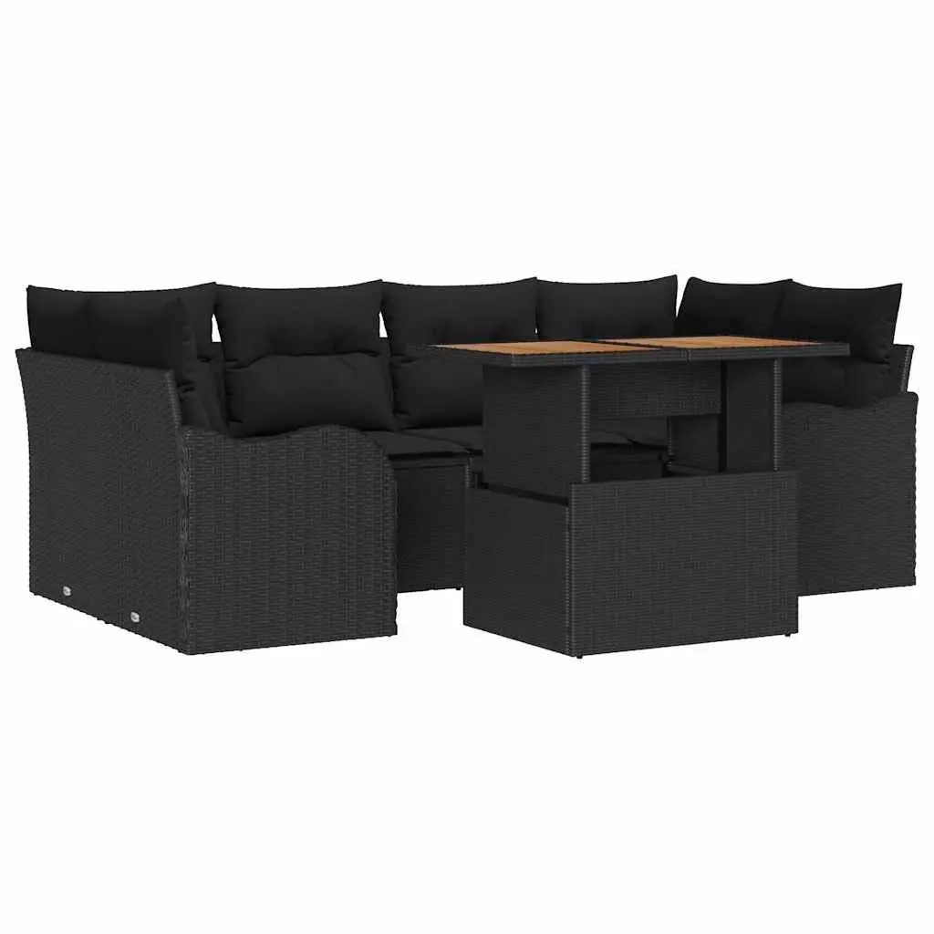 Garden Sofa Set Powder-coated Steel Solid Acacia Wood 7 Pieces Black Outdoor Seating with Cushions Table