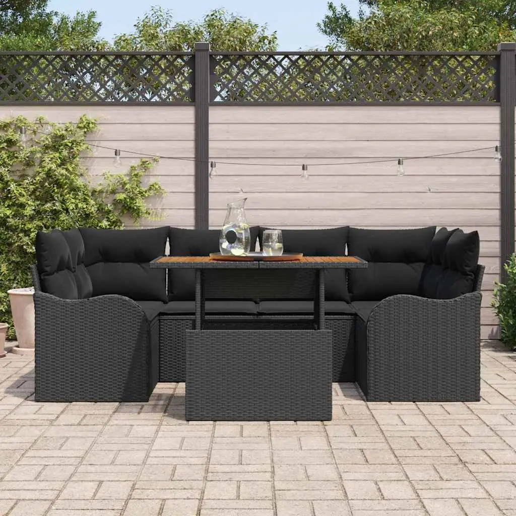 Garden Sofa Set Powder-coated Steel Solid Acacia Wood 7 Pieces Black Outdoor Seating with Cushions Table
