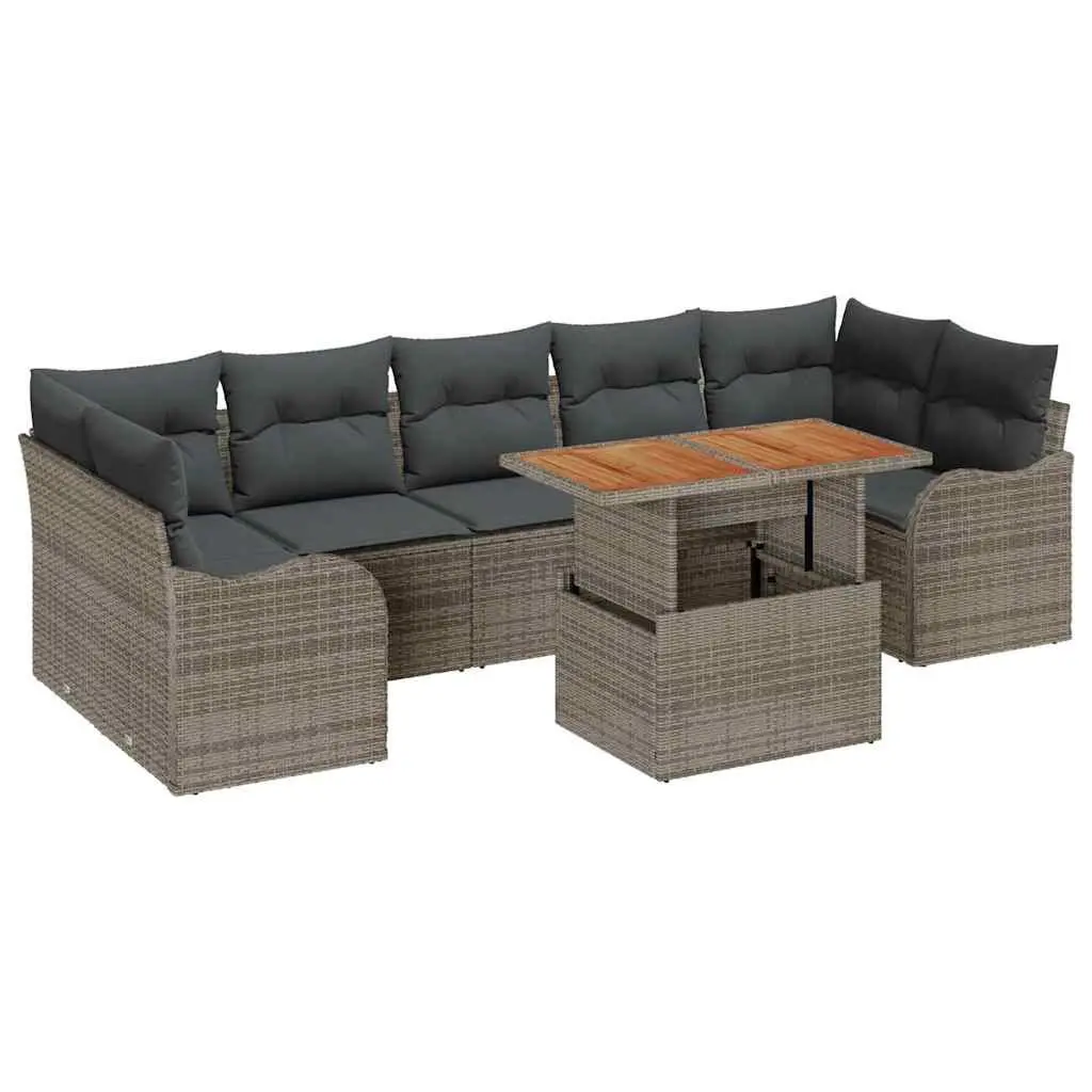 Outdoor Garden Sofa Set Modular 8 Pieces Grey Poly Rattan Acacia Wood Furniture