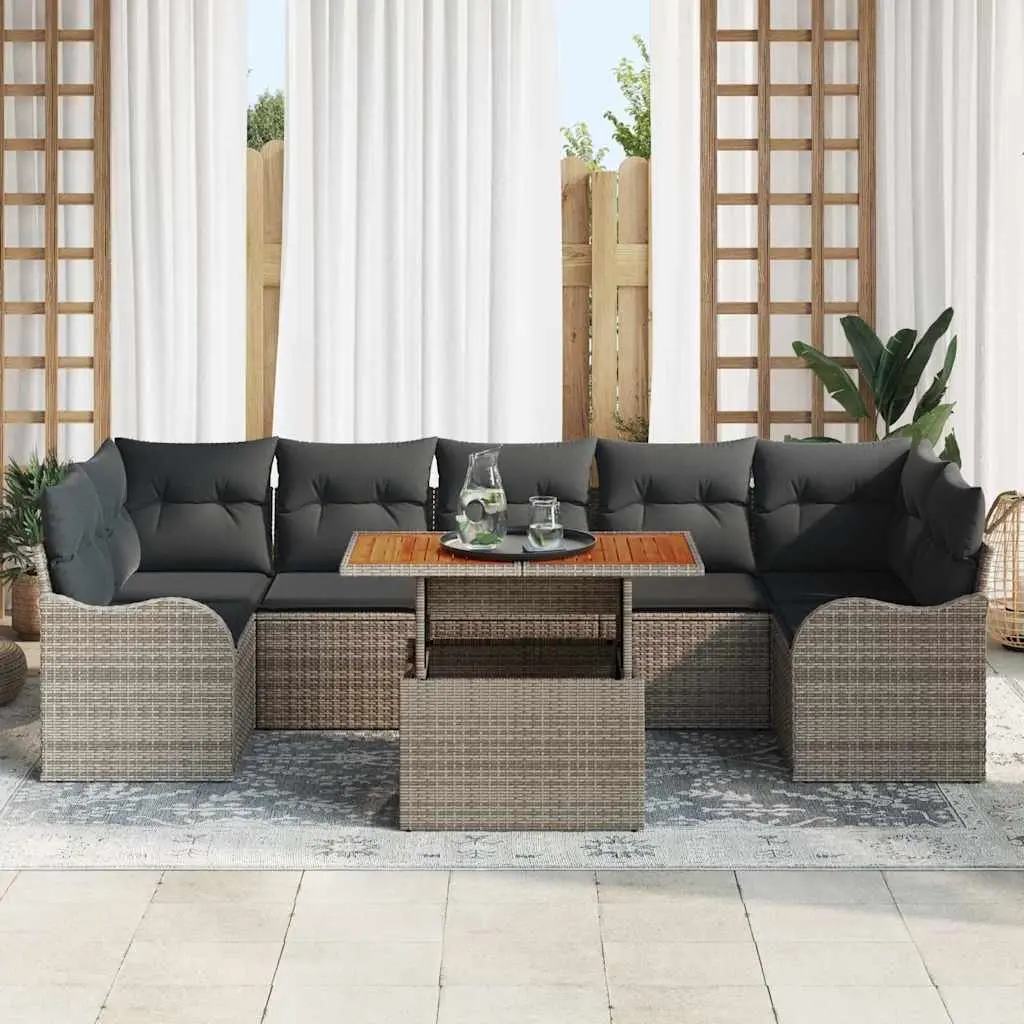 Outdoor Garden Sofa Set Modular 8 Pieces Grey Poly Rattan Acacia Wood Furniture
