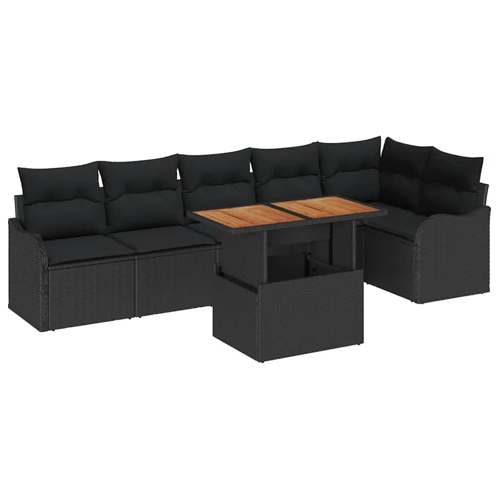 Outdoor Garden Sofa Set 7 Pieces Poly Rattan Sectional Black with Cushions Table