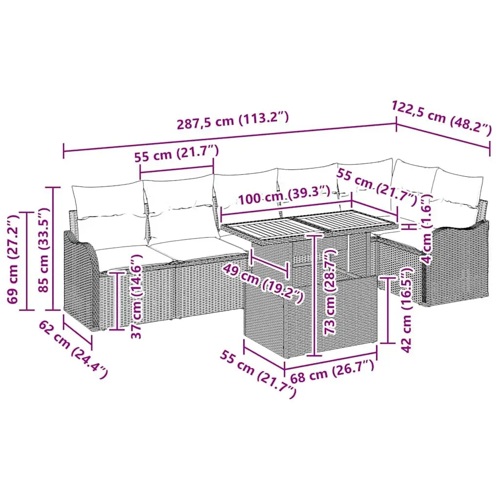 Outdoor Garden Sofa Set 7 Pieces Poly Rattan Sectional Black with Cushions Table