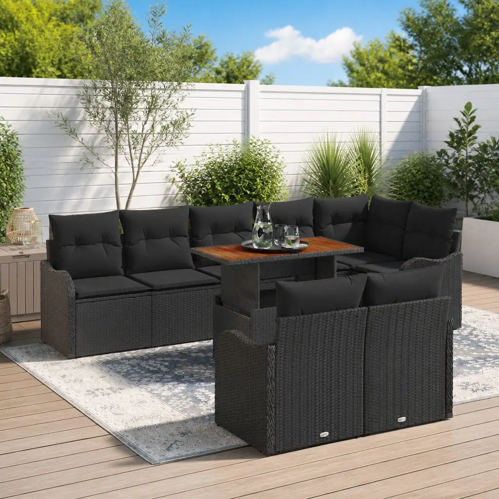 Outdoor Sofa Set 9 Pieces Black Poly Rattan Garden Seating with Cushions