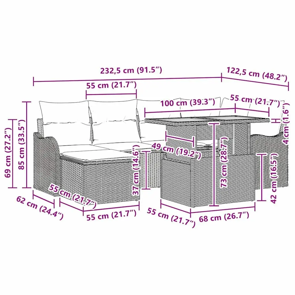 Outdoor Garden Sofa Set 7 Pieces Black Poly Rattan Steel Frame Patio Seating
