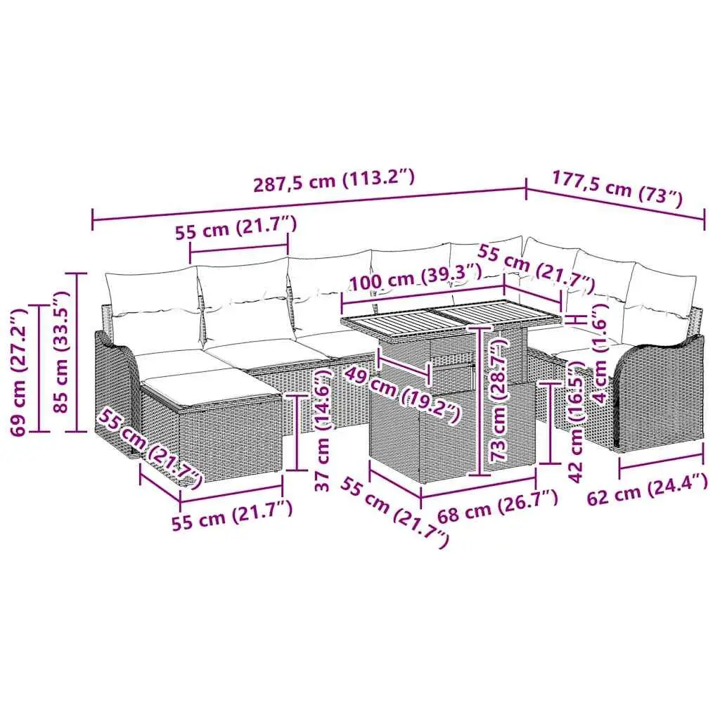 Outdoor Garden Sofa Set 9 Pieces Black Modular Furniture Patio Seating with