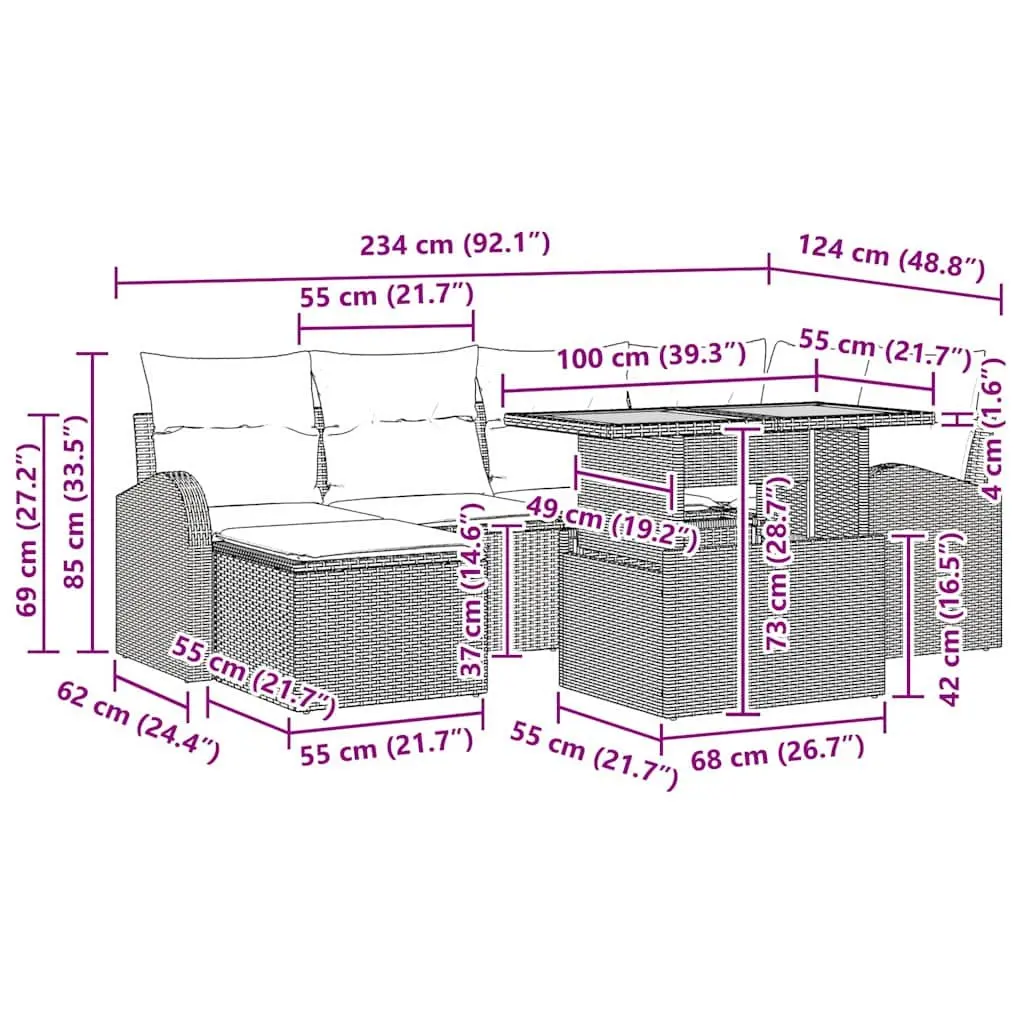 Outdoor Garden Sofa Set 7 Pieces Black Poly Rattan Steel Frame Sectional with