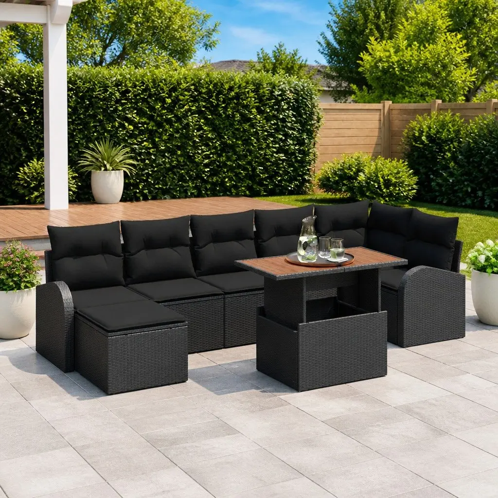 Outdoor Sofa Set Poly Rattan Black 8 Piece Seating with Cushions and Acacia Wood Table