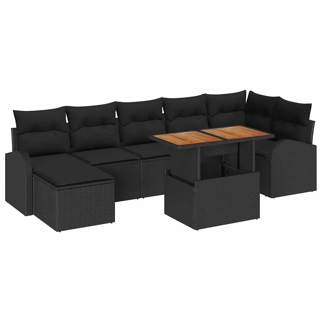 Outdoor Sofa Set Poly Rattan Black 8 Piece Seating with Cushions and Acacia Wood Table