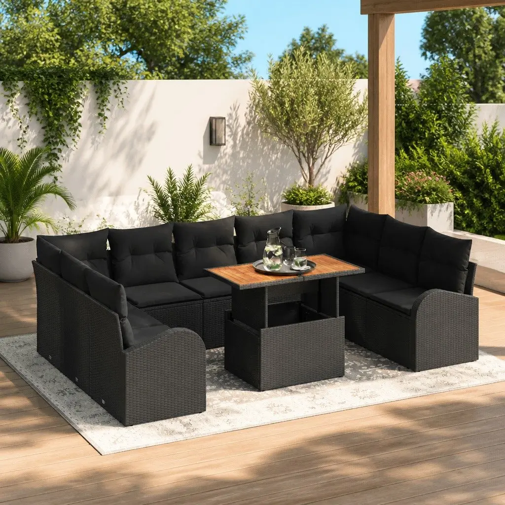 Garden Sofa Set 10 Pieces Outdoor Seating with Cushion Black Patio Furniture