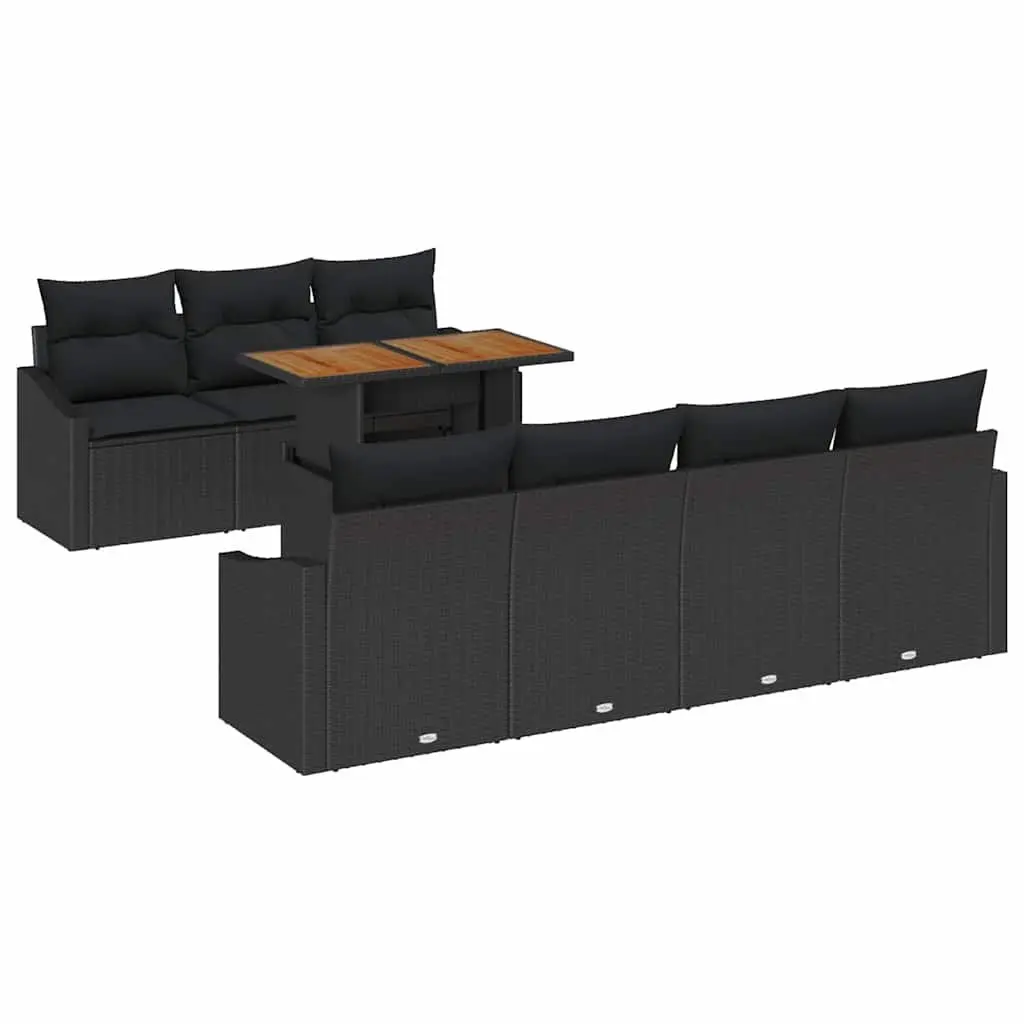 Outdoor Sofa Set Modular Poly Rattan Steel Acacia Wood 8 Piece Black