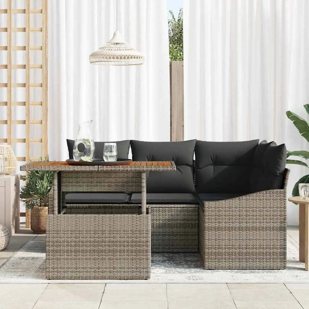 Outdoor Sofa Set 5 Pieces Modular Poly Rattan Grey with Solid Acacia Wood and Powder-Coated Steel for Patio Garden and Terrace
