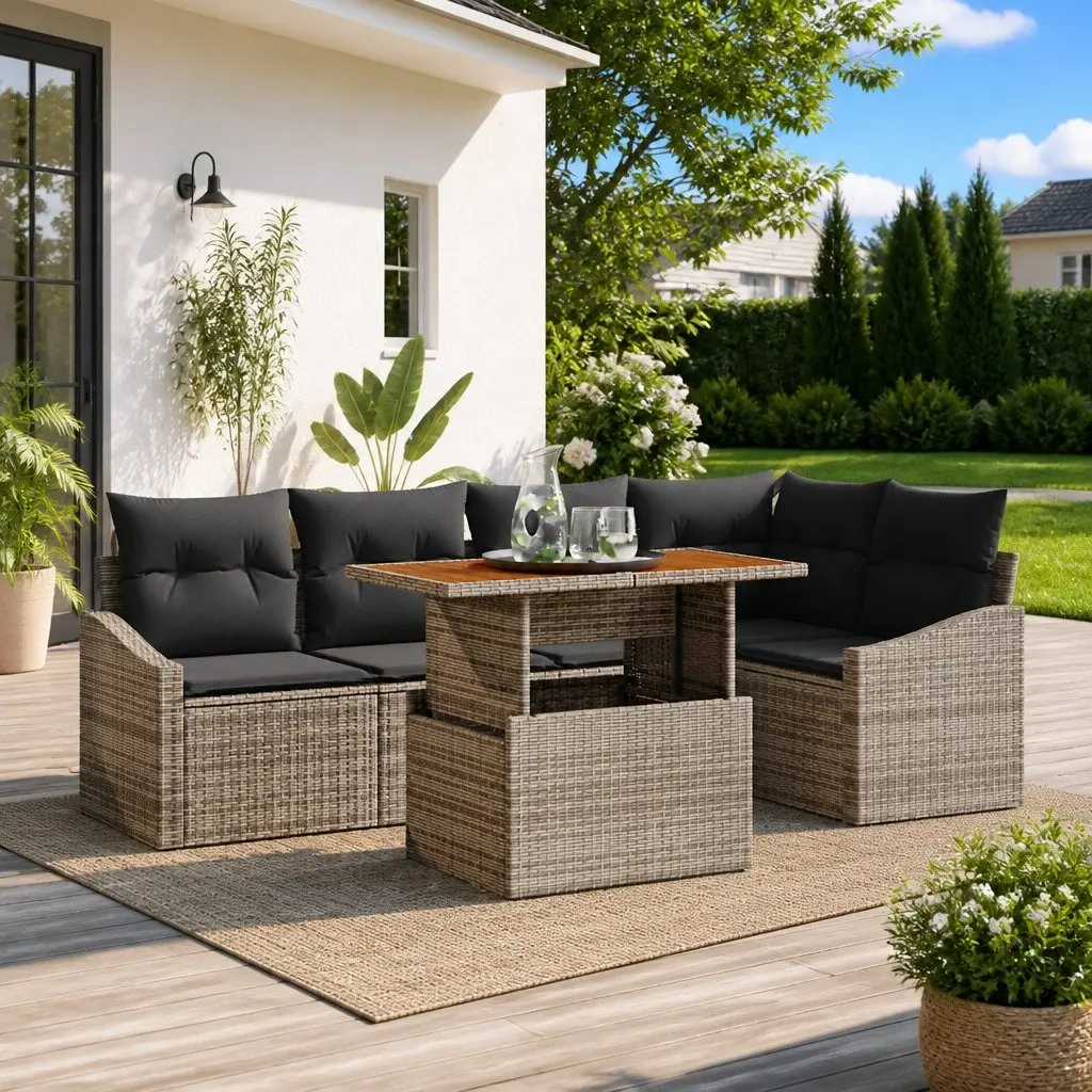 Outdoor Garden Sofa Set Modular Poly Rattan 6 Piece Grey