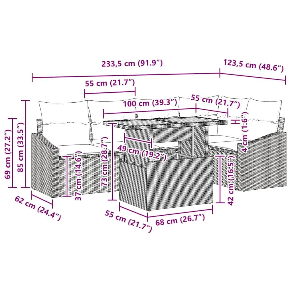Outdoor Garden Sofa Set Modular Poly Rattan 6 Piece Grey