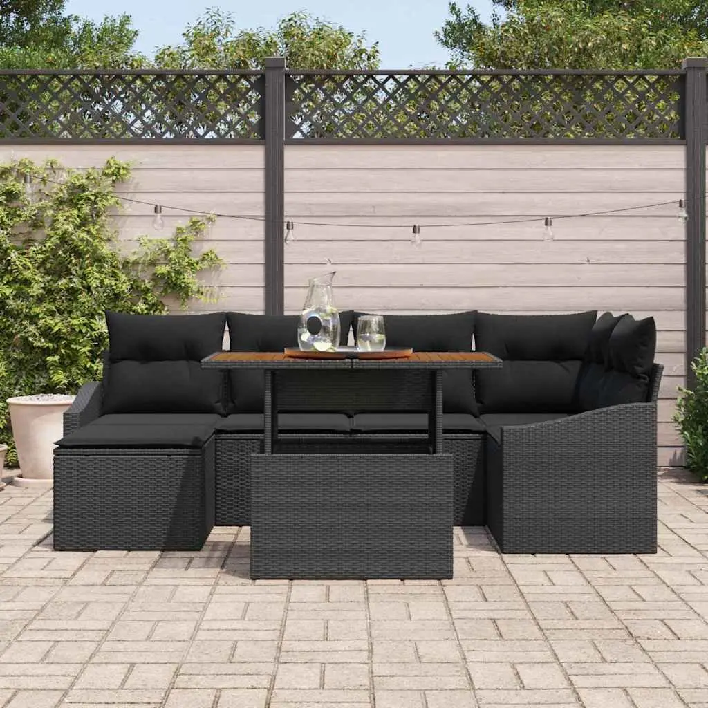 7 Piece Modular Sofa Set Black Rattan Outdoor Furniture Acacia Wood Surfaces