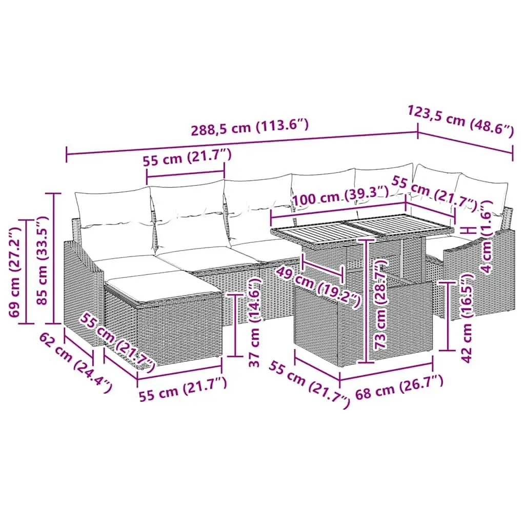 8 Piece Grey Modular Outdoor Sofa Set Poly Rattan Frame Steel Acacia Wood Tables Foam Cushions for Garden Patio Relaxation