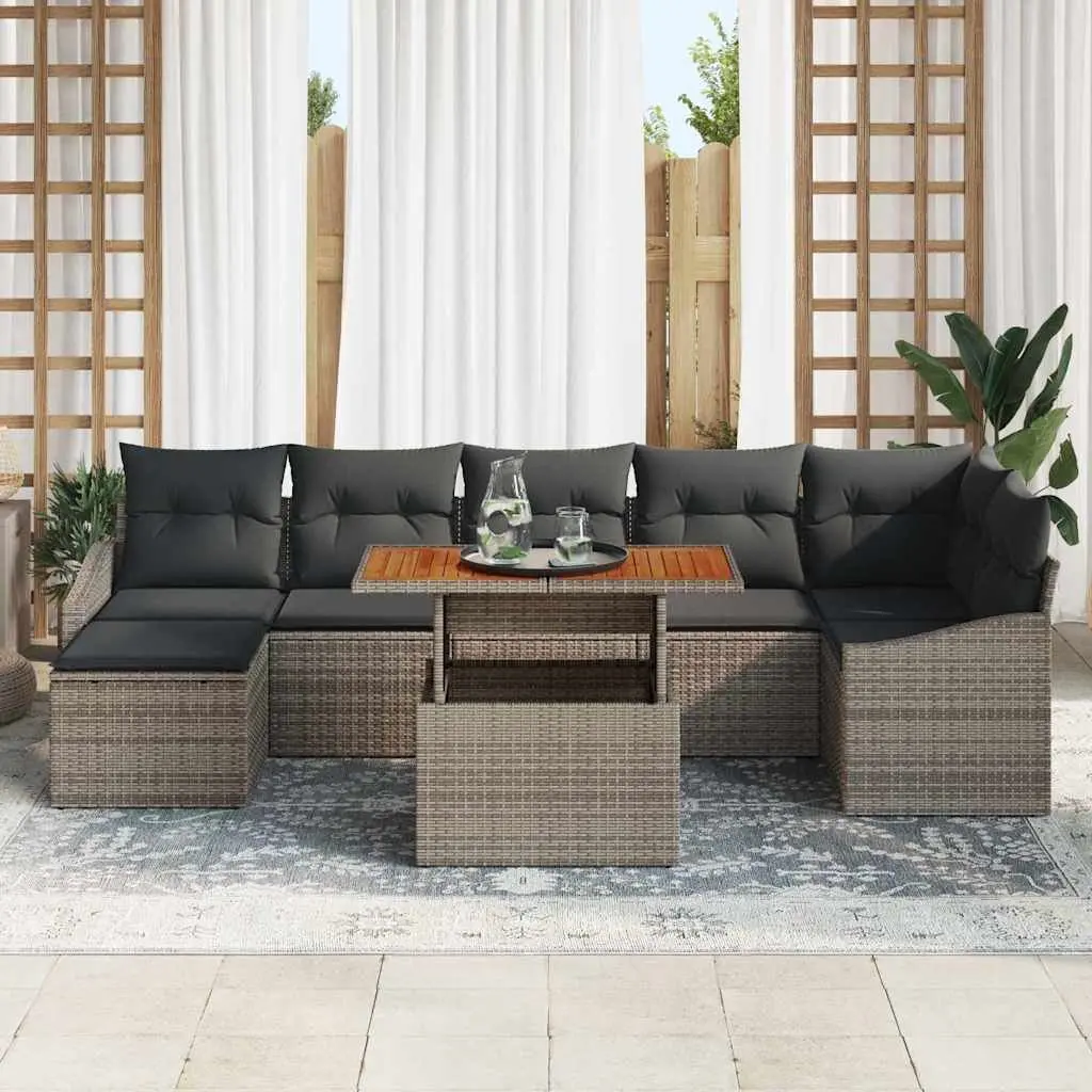 8 Piece Grey Modular Outdoor Sofa Set Poly Rattan Frame Steel Acacia Wood Tables Foam Cushions for Garden Patio Relaxation